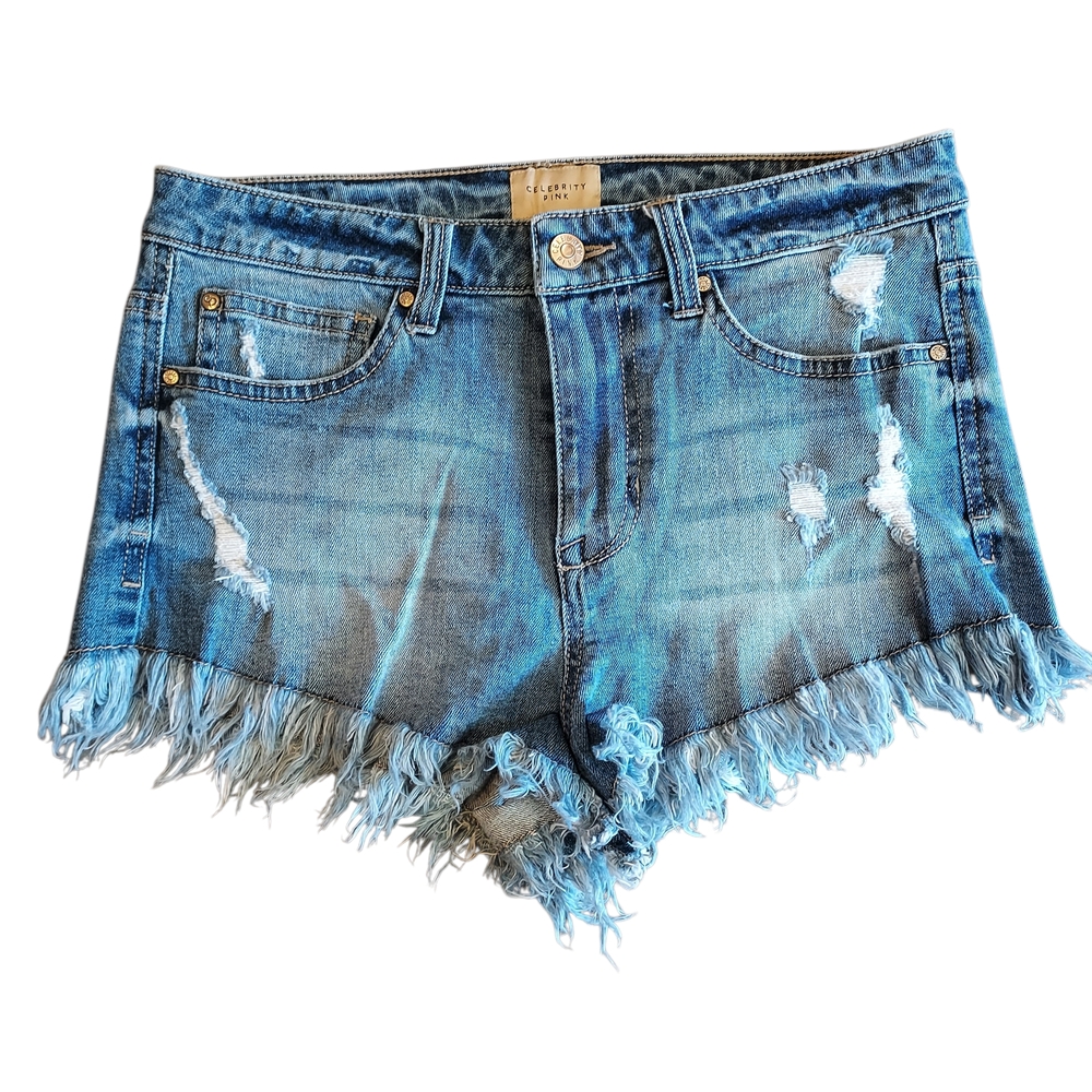 Celebrity Pink Distressed Frayed Hem Blue Denim Shorts